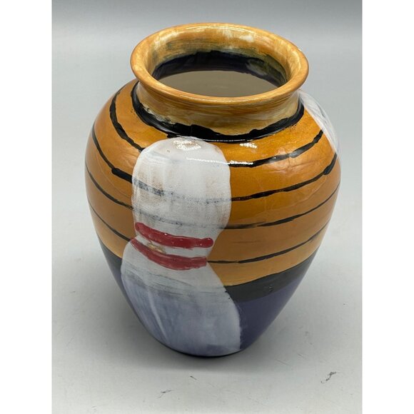 hand painted pottery vase bowling theme pins wood lane signed bottom white READ - Picture 2 of 5